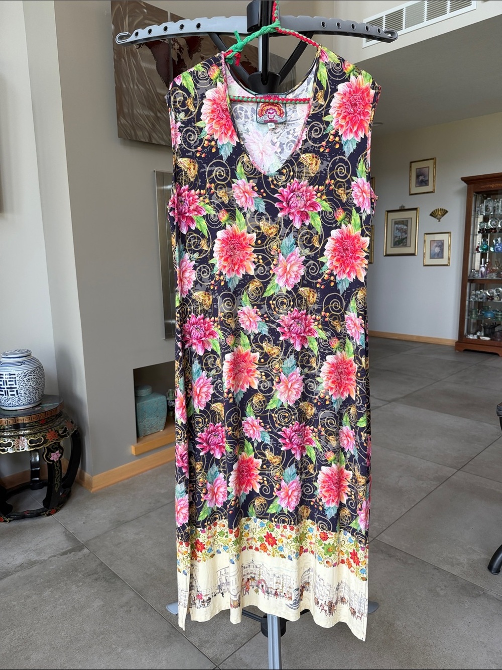 Johnny Was Black Maxi Dress with Pink Floral Print and “Uptown” Scene Hem size M